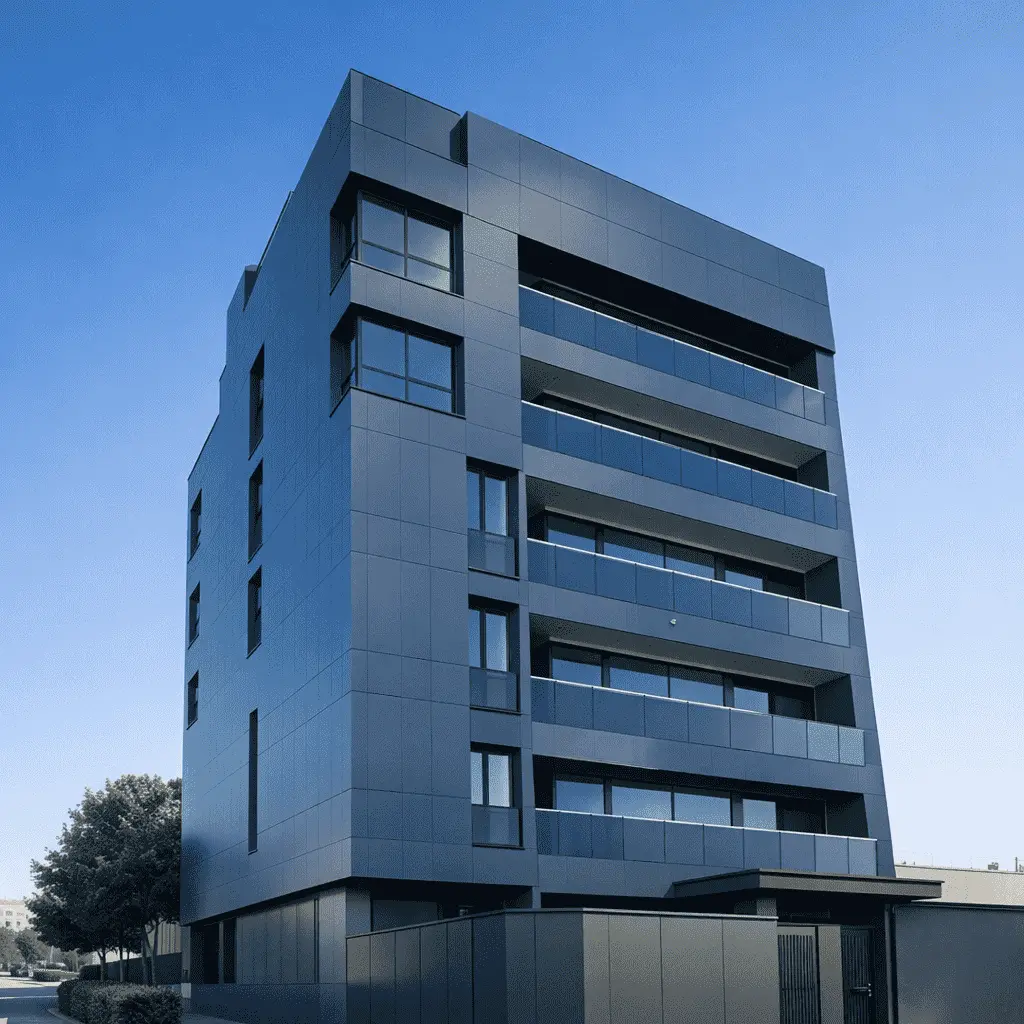 alt="ساختمان اداری مدرن با اسکلت فلزی اجرا شده توسط شرکت شهرنگار زنده‌رود، متخصص سوله‌سازی و سازه‌های صنعتی"