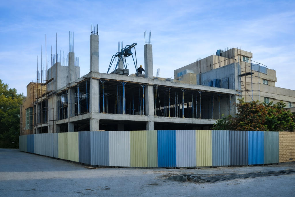 alt="عکس پروژه ساختمانی دشتستان در اصفهان، شامل سازه بتنی چندطبقه در مرحله اجرای اسکلت؛ اجرا شده توسط شرکت شهر نگار زنده‌رود"