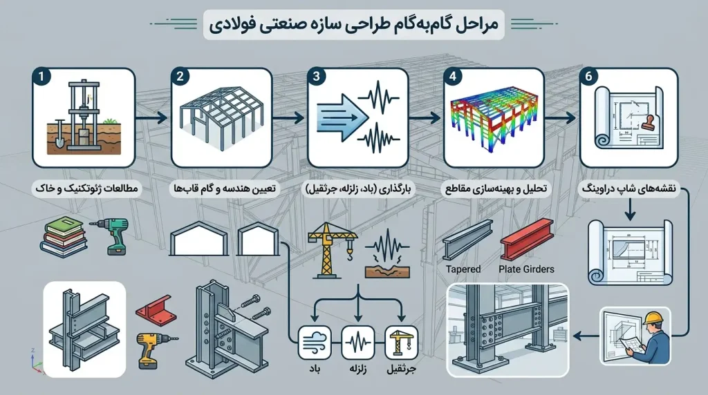 alt="طراحی اتصالات جوشی و پیچی اسکلت فولادی کارخانه"