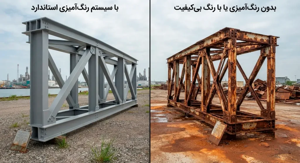 alt="مقایسه دو اسکلت فلزی، یکی با پوشش رنگ استاندارد (سالم) و دیگری بدون رنگ (دچار خوردگی شدید)"