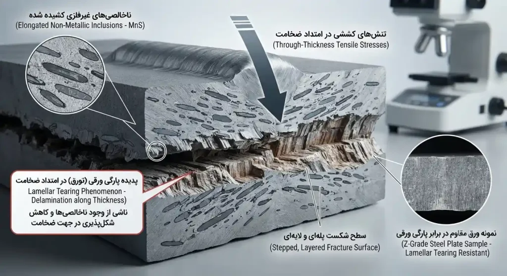 alt="نمونه واقعی پارگی ورقی (تورق) در ضخامت ورق فولادی ضخیم به دلیل تنش‌های کششی"